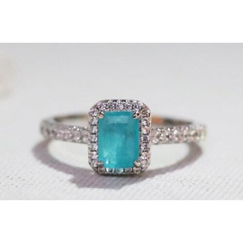 Independent design silver inlaid blue crystal stone blue and green rectangular ring exquisite and elegant ladies party jewelry