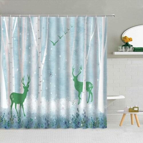 Winter Forest Scenery Shower Curtain Elk Snow Bird Simplicity Bathroom Decor Bath Screen Nordic Waterproof Fabric Hooks Curtains