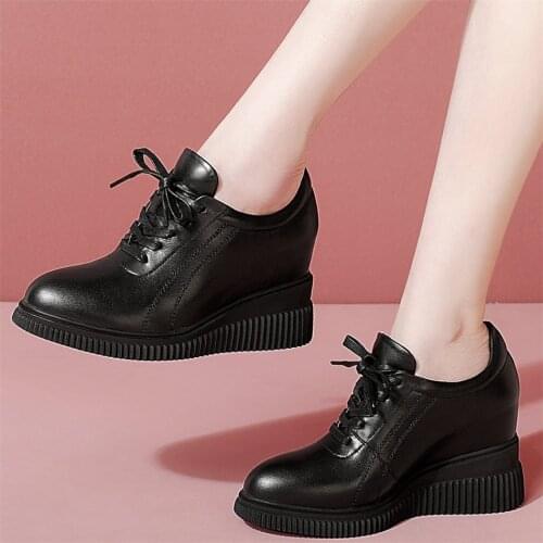 Fashion Sneakers Women Genuine Leather High Heel Ankle Boots Female Lace Up Platform Wedges Pumps Shoes Round Toe Oxfords Shoes