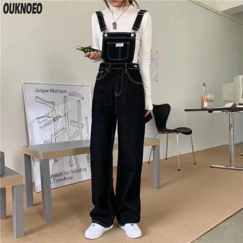 Womens Denim Jumpsuits Black Straight Tube Relaxed Chic Straps Trousers 2021 Korean Preppy Style Retro High Waist Denim Jeans