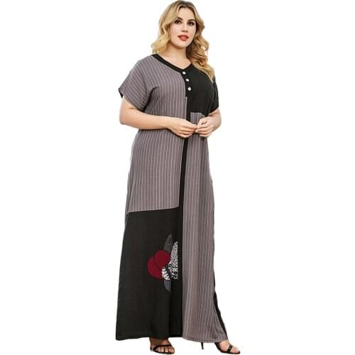 Worldscale Plus Size Simple Striped Black Grey Patchwork Whole Dress Summer Clothes For Women 2021 Female Long Robe Short Sleeve
