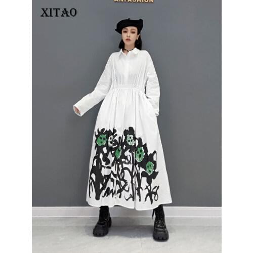 XITAO Print Pattern Dress Fashion New Women Pleated Pullover Goddess Fan 2021 Autumn Minority Elegant Loose Dress WMD2559