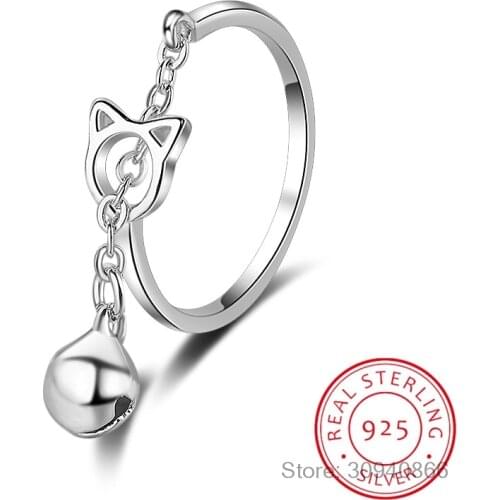 2019 Free Shipping Silver Open Ring 925 sterling silver Cat Jing Bell Ring For Women Jewelry Finger Ring For Party Birthday Gift