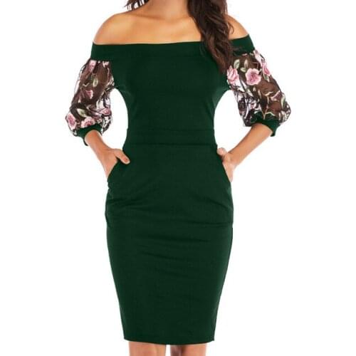 2019 Women Slash neck Pencil Dress Embroidery Mesh Patchwork Half Sleeve Elegant Bodycon Dresses Lady High Street Fashion Dress