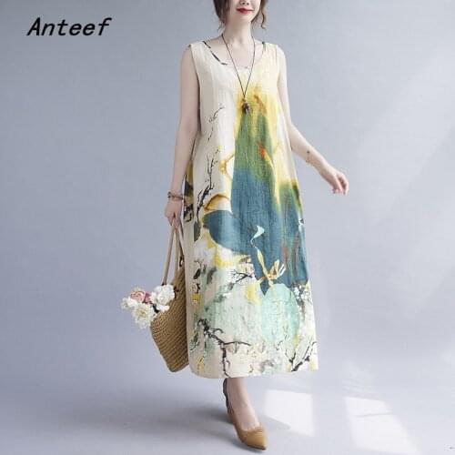 Sleeveless cotton linen vintage floral dresses for women casual loose long woman summer dress elegant clothes 2021