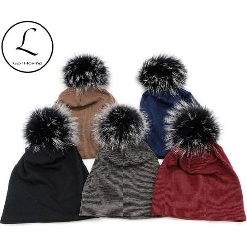 GZhilovingL Winter Hats For Women 2020 Slouchy Cap with Fur Pompom Spring Girls Ribbed Cotton Skullies Beanies hat Dropshipping