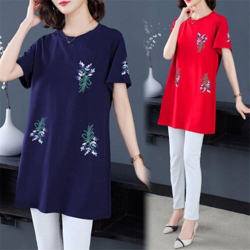 2021 Summer Plus Size Women T-Shirt tshirt Embroidered Floral Tops Show Thin Vintage Tunic Tees Loose Casual Clothing
