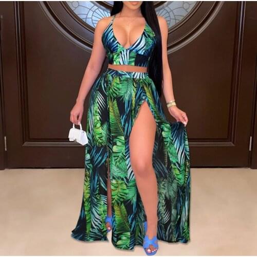 2021 New Womens Summer Two Piece Dress Sets Sexy V Necj Tube Top & Boho Long Skirts Suits Ladies Printed Beach Skirt Set