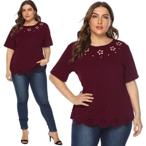 Floral Hollow Out Womens Blouse Casual Summer Shirt Soild Short Sleeve Tunic Tops Round Neck Loose Shirts Plus Size Топ Женский
