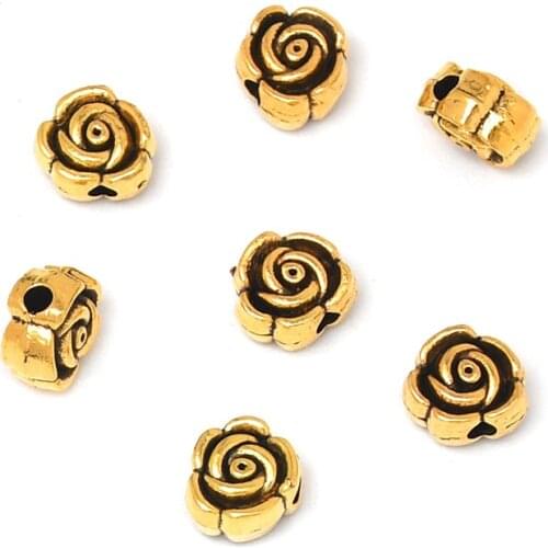 30pcs Rose Alloy Flowers Beads 6mm-7mm Straight Hole Jewelry Making DIY Bracelet Necklace Accessories Material Wholesale