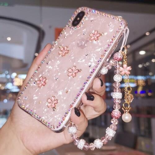 Fashion Bling Diamond Sakura Flower Case Cover With Crystal Hand Chain For iphone 12 Mini 11 Pro XS Max XR X 8 7 6 6S Plus SE