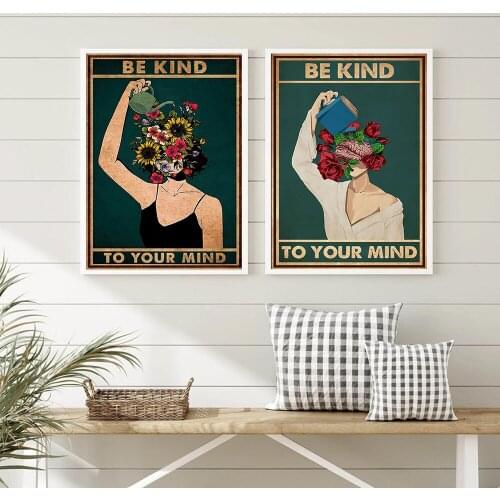 Mental Be Kind To Your Mind Garden Health Posters and Prints Pot Head Flower Vintage Wall Art Picture Canvas Painting Home Decor