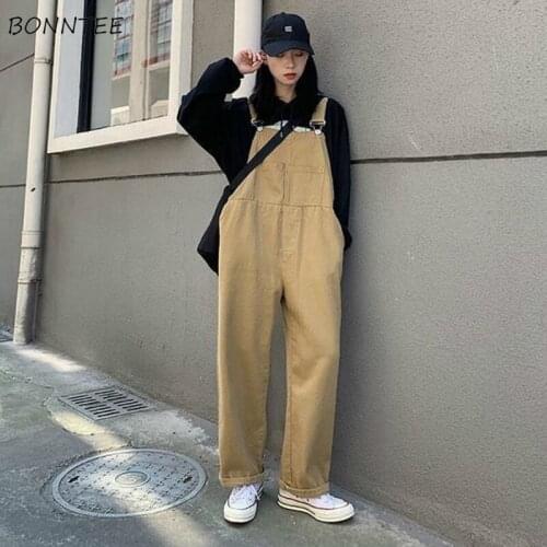 Jumpsuits Women Solid Button Straight Slim Boyfriend Ins Korean Style Students Teens High Street Hip Hop Female Autumn Fashion
