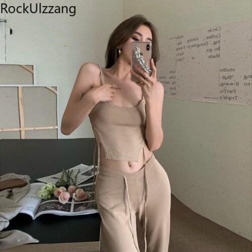 Two Piece Set Summer Fashion Lace-Up Side Hollow Strap Camis Knit Crop Top and Drawstring High Waist Flare Pant Bell Bottom Sexy
