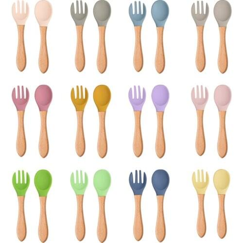 2pcs Baby Soft Silicone Spoon Candy Color Safety Baby Learning Wood Fork Non-Slip Spoon Children Kids Boy Girl Food Feeding Tool