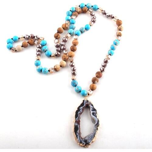 RH Fashion Bohemian Tribal Jewelry Brown Crystal / Natural Stone Long Knotted Irregular Druzy Stone Pendant Necklaces For Women