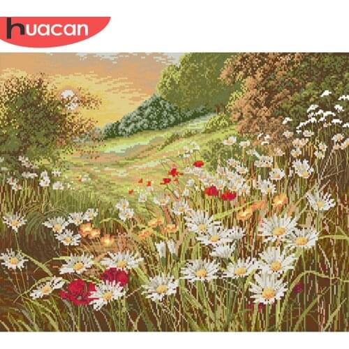 HUACAN Embroidery Flower Sets White Canvas Home Decoration Cross Stitch Landscape Kits Needlework 11CT 14CT DIY Gift