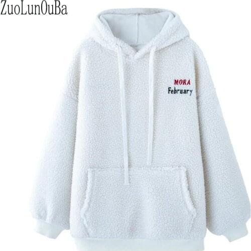 Autumn Winter Women Casual White Hoodie Sweatshirt Letter Print Long Sleeved Stitching Pullover Lamb Velvet Warm Tops Coat