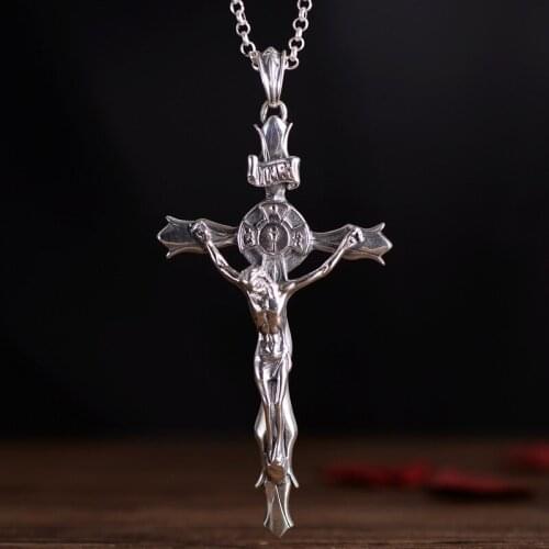 S925silver jewelry Europe and America retro Thai silver big Jesus cross pendant