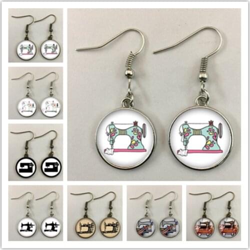 Vintage sewing machine glass art painting cabochon handmade ladies earrings, the best gift for tailor lovers