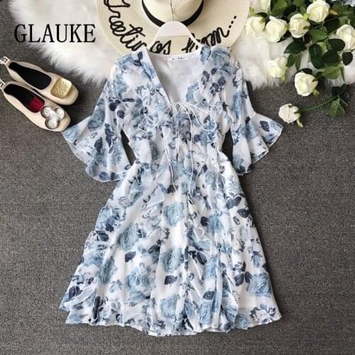 GLAUKE chiffon dress girl Elegant Lace Floral Printed Mini Dress 2020 Women Summer Layer Ruffles Short Party Dresses High Qualit