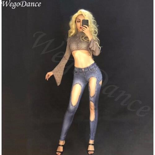 Sexy woman full drill 3D jeans long pants trumpet sleeves night club performances rhinestone bodysuit freeshipping