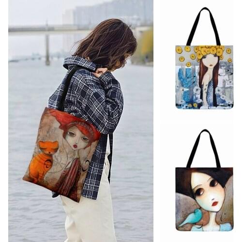 Outdoor Beach Bag Ladies Shoulder Bag Big Eyes Girl And Cat Painting Print Tote Bag For Women Casual Tote Foldable Shopping Bag