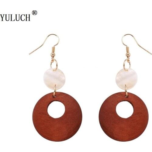 YULUCH 2018 New Design Wooden Earrings Handmade Hollow Round Shell Gold Hook Wooden Earrings For Woman Girls Party Wedding Gift