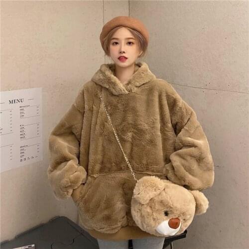 Soft Plush Fur Thick Warm Women Hoodie Winter Oversize Long Sleeve Pullover Loose Solid Teen Girl Outwear With Cute Bear Bag
