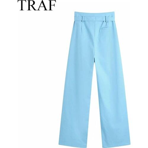 TRAF Womens Clothing 2021 Pants Chic Casual Blue Loose Oversize Pants Pockets Vintage High Wasit Straight Trousers Office Lady