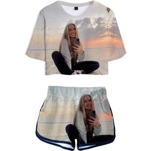 Addison-rae Womens/girls Two-piece Sets Casual Summer 3D Addison-rae Pretty Suits Exposed Navel T Shirt+shorts 3D Print Short
