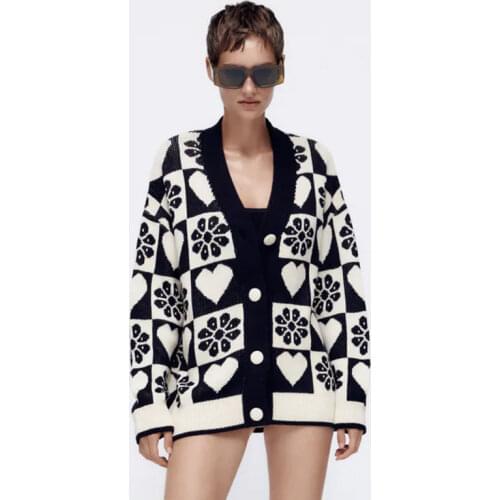 Nlzgmsj Za Women 2021 Vintage Sweater Female Cardigan Casual V Neck Women Sweater Jacket Autumn Winter Knitwear Tops 202108