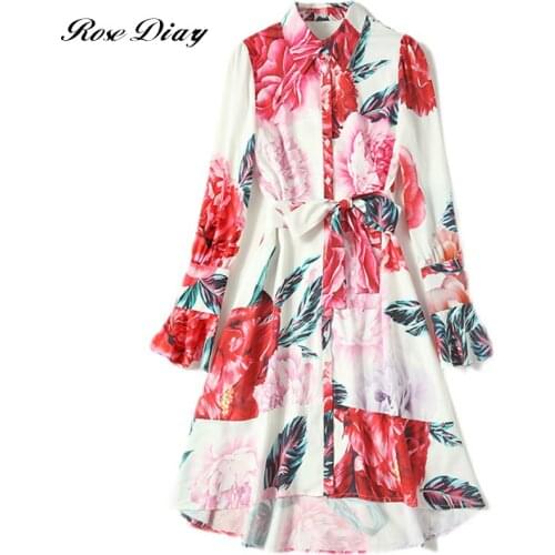 2021 Elegant Peony Floral Print Irregular Shirt Dress Women Long Flare Sleeved Single-Breasted Lace-Up Holiday Summer Vestidos