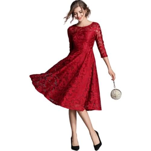 Women Spring Autumn Fashion Floral Lace Dress O Neck 3/4 Sleeve Plus Size 5xl Slim Black female Elegant Evening Party Dresses