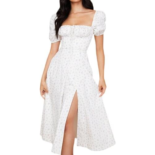 IMCUTE Bohemian temperament slit dress womens tube top lace hollow short-sleeved dress fashion casual floral print slim dress