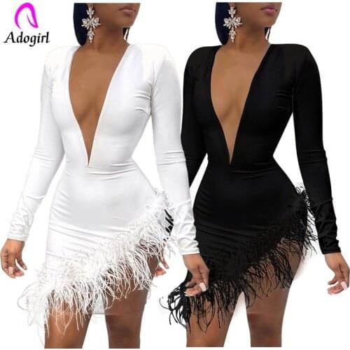 Women Spring Winter Mini Dress 2020 V-Neck Mesh Feather Patchwork Sexy Night Club Party Bandage Bodycon Dresses Valentines Day