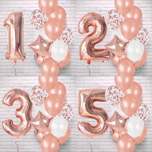 12Pcs Rose Gold Number Foil Latex Balloons Kids Adult Birthday Party Decoration 1st Birthday Gril Boy Decor Baby Shower Balloon