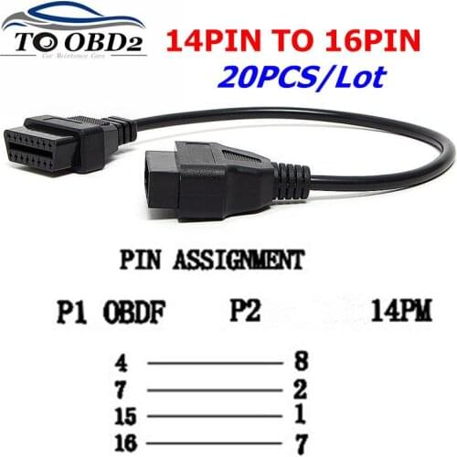 20PCS/LOT For Nissan 14 Pin 14Pin Male To OBD OBD2 OBDII DLC 16 Pin 16Pin Female Car Diagnostic Adapter Connector Cable