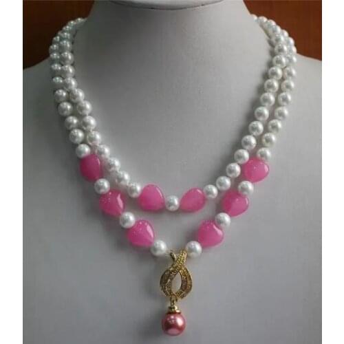 Free shipping 2 row New 8MM noblest shell pearl necklace +pendant earring set 18"AAA