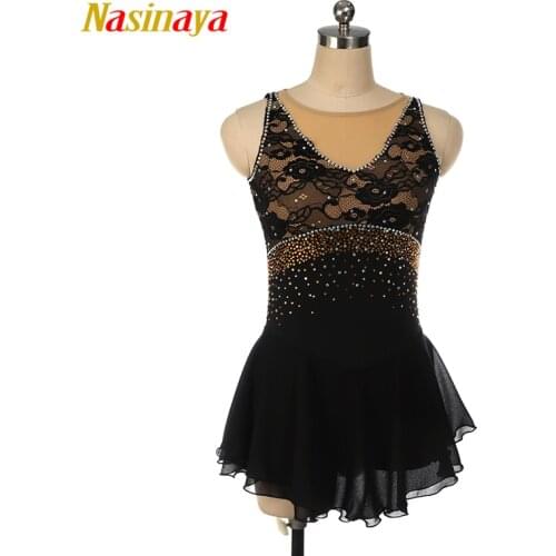 Nasinaya Black Figure Skating Dress Long-Sleeved Ice Skating Skirt Spandex lace with golden rhinstones