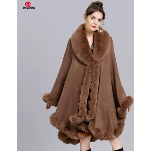 Elegant V Lapel Rex Rabbit Fur Coat Cape Winter Women Big Long Shawl Full Trim Faux Fur Cashmere Cloak Overcoat Parka 2020 New