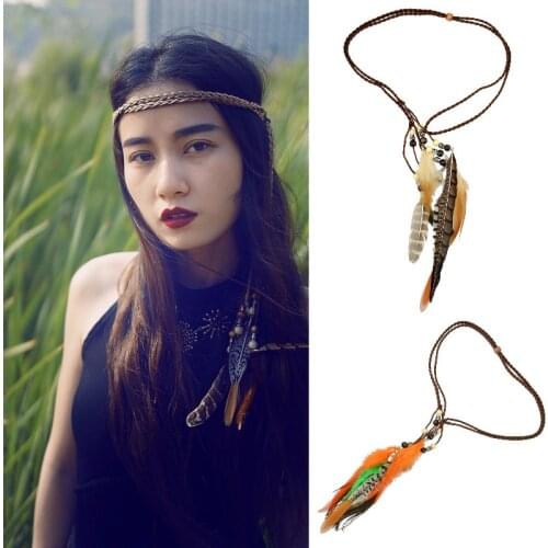 Indian Bohemian Festival Bead Headband Hippie Boho Triabl Peacock Feather Headdress Hair Accessories For Women Forehead Jewelry