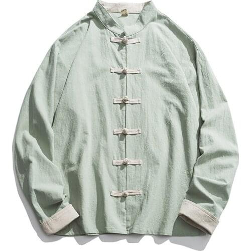 Chinese Style Mens Shirts Button Up Solid Casual Stand Collar Long Sleeve Elegant Shirt Men Vintage Streetwear Tops 2021 12181