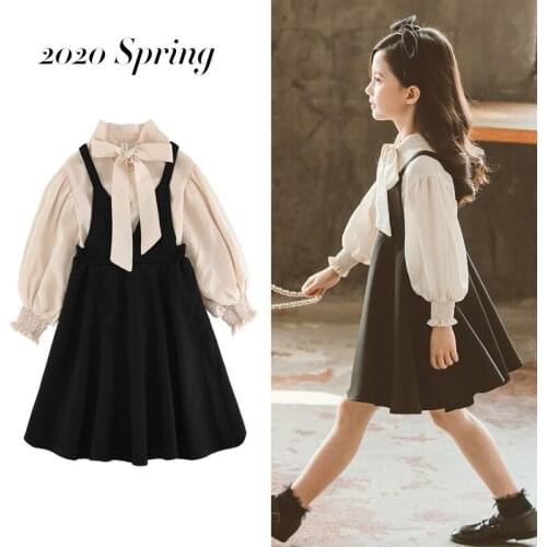 Kids Clothing Sets Spring New Arrival Fashion Bow Long Sleeve Blouse Strap Dress 2pcs 4-12 Years Girls Suits Children Outfits