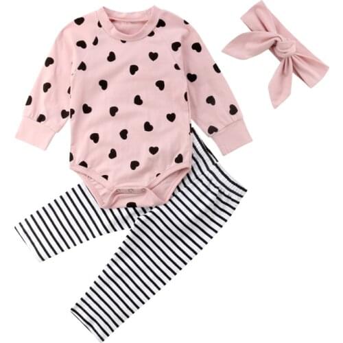 Lioraitiin 0-24M New Fashion Newborn Baby Girls Love Romper Jumpsuit Stripe Pants Headband Cotton Outfits