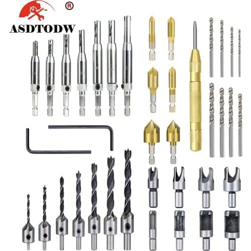 26-Pack Woodworking Chamfer Drilling Tools Drill Bits Set Wood Plug Cutter Three Pointed Countersink Drill Bits with L-wrench