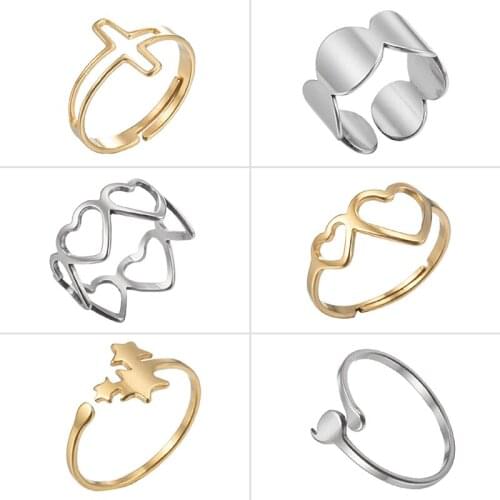 New Geometric Stainless Steel Rings for Women Girls Fashion Cross Round Heart Comma Symbol Gold Open Ring Adjustable Jewelry