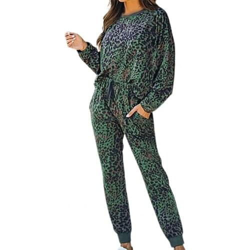 Leopard Print Ankle Banded Pajamas Set Two Piece Long Sleeve Casual Blouse Drawstring Pant Set O-Neck Top Pockets Pants for Home