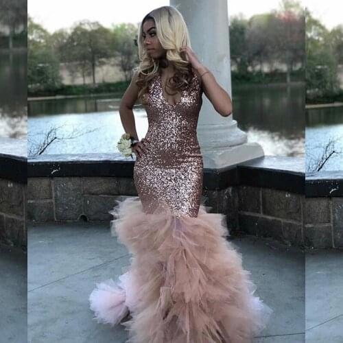 Vestido de gala Sexy Black Girls Mermaid Pink Prom Dresses 2019 Sequined African Ruffled Train Long Formal Evening Party Gowns