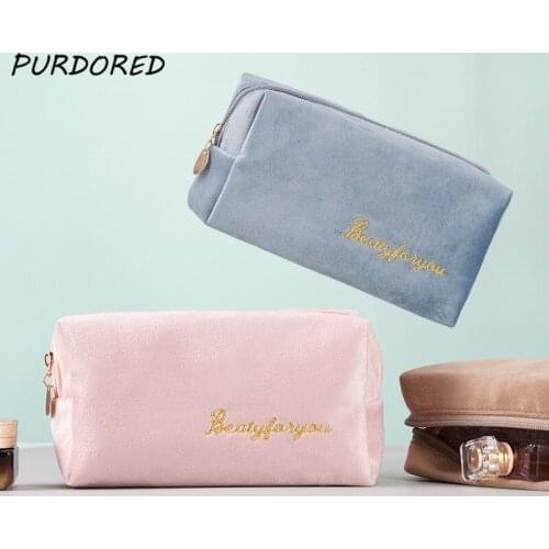 PURDORED 1 Pc Soft Velvet Cosmetic Bag Women Makeup Bags Toiletries Organizer Solid Color Travel Female Storage Make Up Case